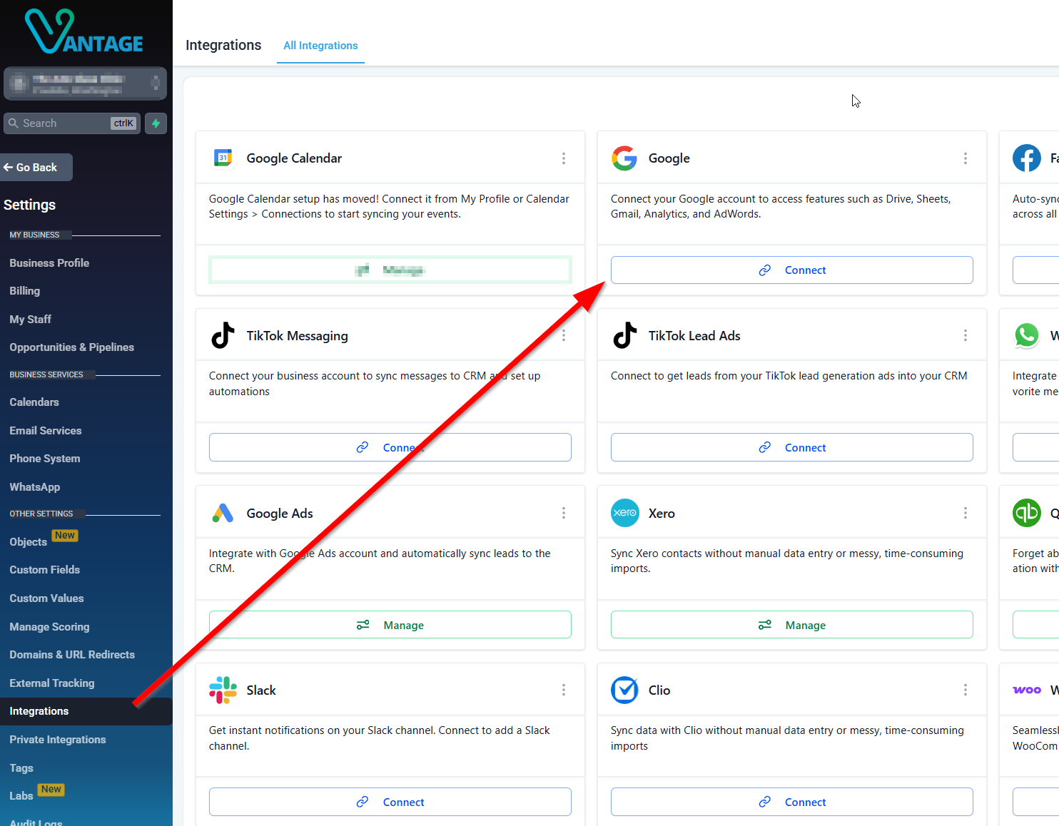 Vantage CRM Settings - Integrations page showing Google, Google Ads, and other available integrations