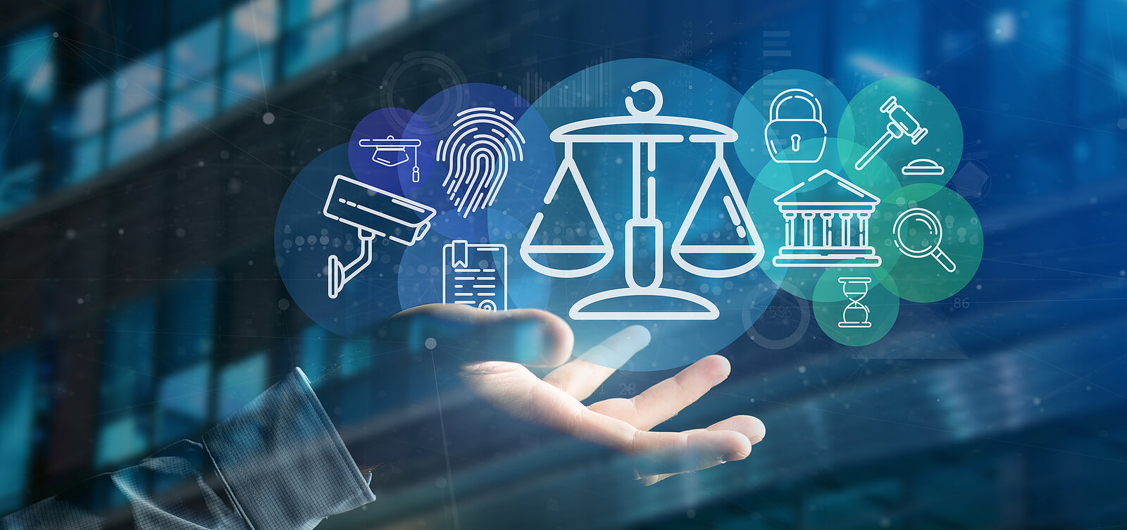 Legal technology and law firm automation - scales of justice with digital icons